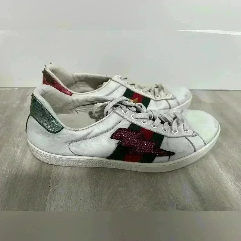 Gucci Ace Sneakers Mens 8 White Leather Crystal Lightning Bolt Web Stripe 433738
